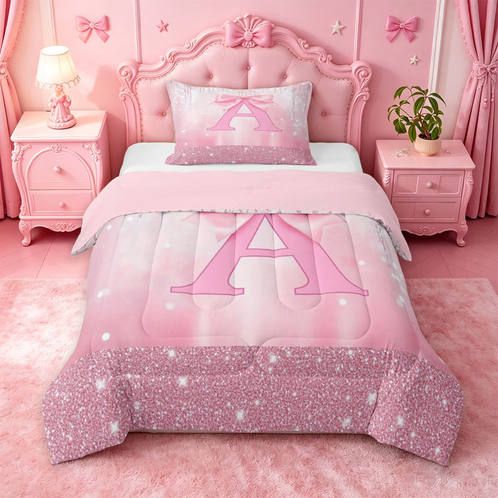 meiyoeat Pink Cute Bowknot Full Size Comforter Sets For Girls,Chic Sparkling Print Monogrammed A Bedding Comforter Set For Kids,Pink Reversible,3-Piece