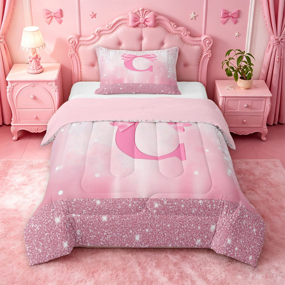 meiyoeat Girls Personalized Bow Gifts Full Size Comforter Sets For Kids,Pink Bowknot Letter Print C Bedding Comforter Set For Bow Lovers,Pink Reversible,3pcs