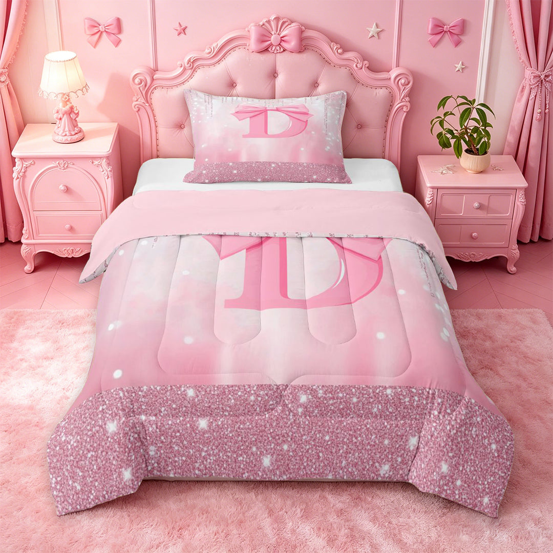 meiyoeat Pink Bow Initial Letter D Full Size Comforter Sets For Girls,Dreamy Princess Style Bedding Comforter Set For Kids,Pink Reversible,3-Piece