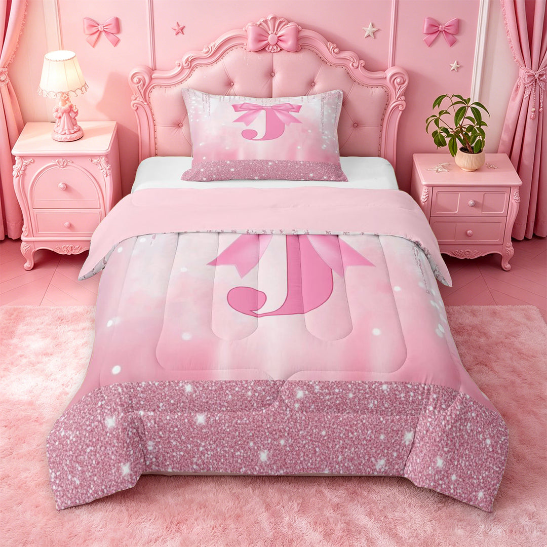 meiyoeat Kawaii Bowtie Alphabet J Full Size Comforter Sets For Kids,3D Pink Initial Letter Print Bedding Comforter Set For Girls,Pink Reversible,3-Piece