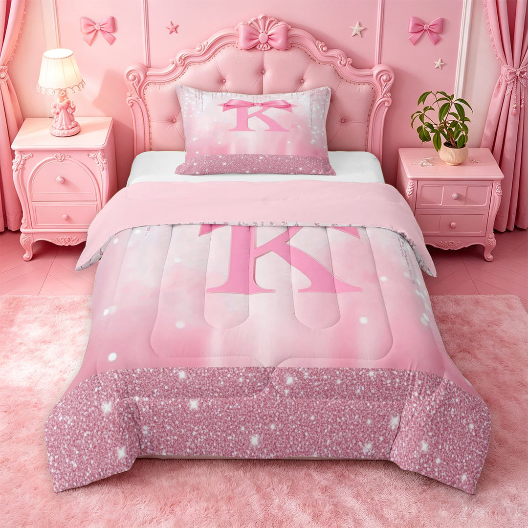 meiyoeat Pink Princess Bows Full Size Comforter Sets For Girls,Lovely Bowtie Monogrammed K Bedding Comforter Set For Kids,Pink Reversible,3 Pieces