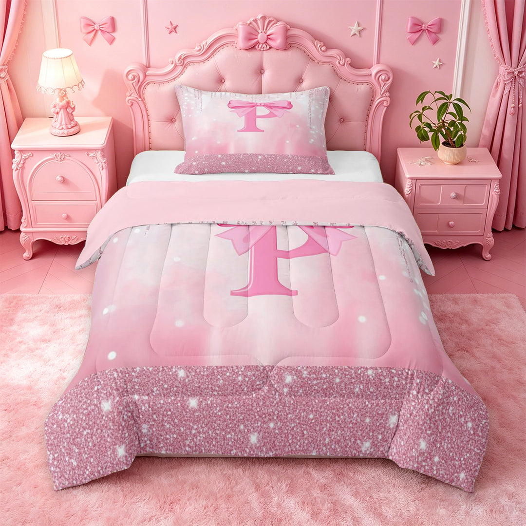 meiyoeat 3D Cartoon Coquette Bows Full Size Comforter Sets For Kids,Girly Personalized Alphabet P Bedding Comforter Set,Pink Reversible,3 Pieces