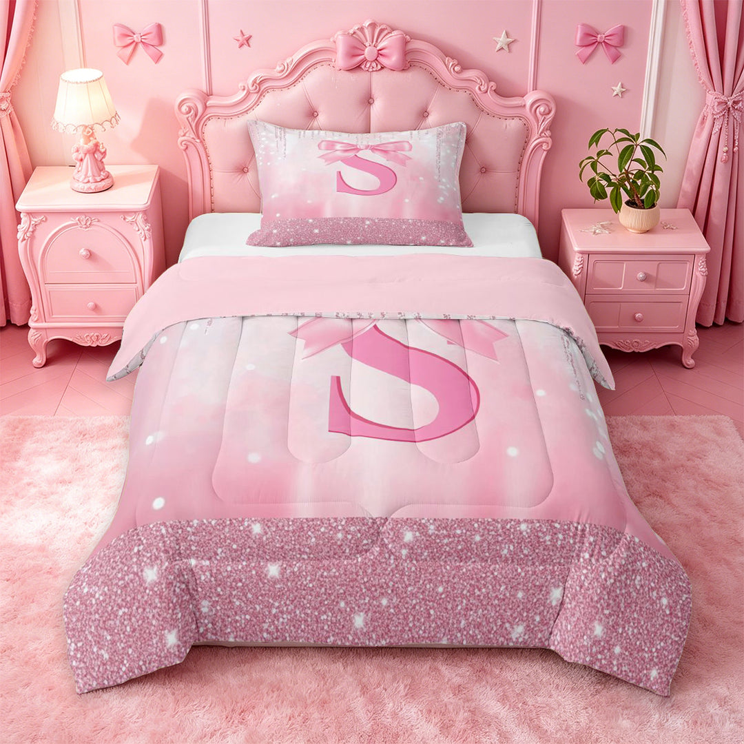 meiyoeat Girly Coquette Bow Full Size Comforter Sets For Kids,Pink Sequin Alphabet Print S Bedding Comforter Set For Bowtie Lovers,Pink Reversible,3-Piece