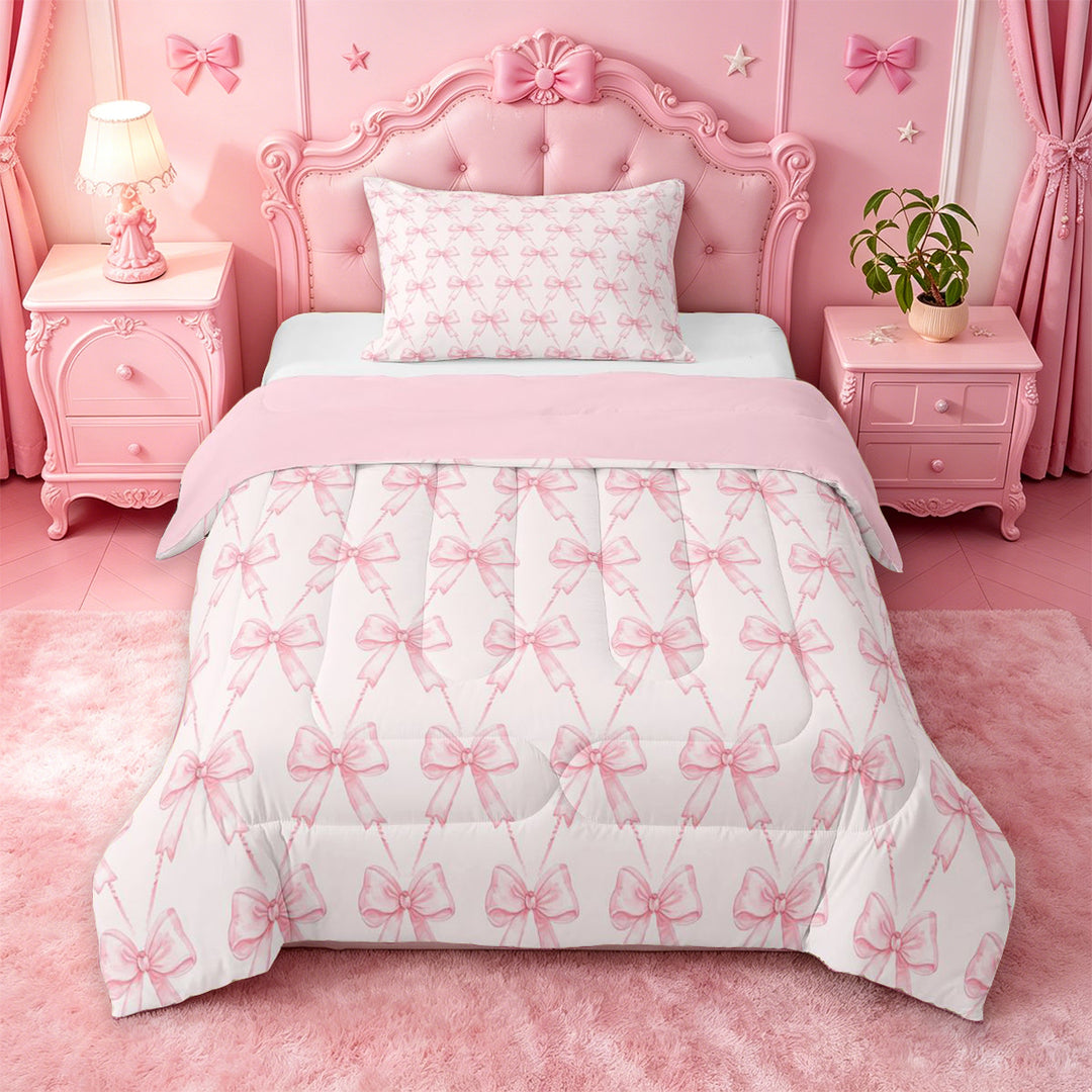 meiyoeat Pink Coquette Bows Full Size Comforter Sets For Girls,Dreamy Princess Bowknot Bedding Comforter Set For Kids,Pink Reversible,3-Piece