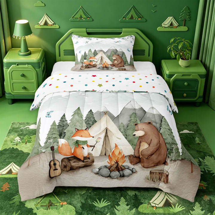 meiyoeat Watercolor Camping Full Size Comforter Sets For Boys,Fox Tent Print Bedding Comforter Set,Polkadot Reversible,3-Piece,1 Comforter and 2 Pillowcases