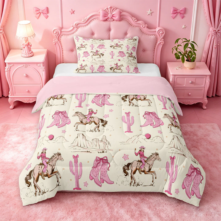 meiyoeat Retro Western Cowgirl Full Size Comforter Sets For Kids, Pink Vintage Cowboy Boots Bedding Comforter Set For Girls,Pink Reversible,3-Piece