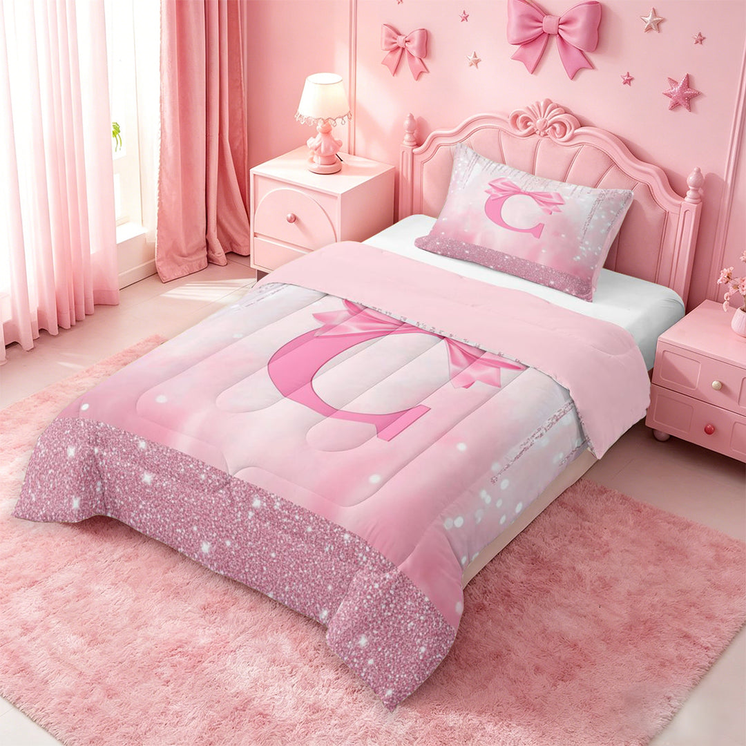 meiyoeat Girls Personalized Bow Gifts Full Size Comforter Sets For Kids,Pink Bowknot Letter Print C Bedding Comforter Set For Bow Lovers,Pink Reversible,3pcs