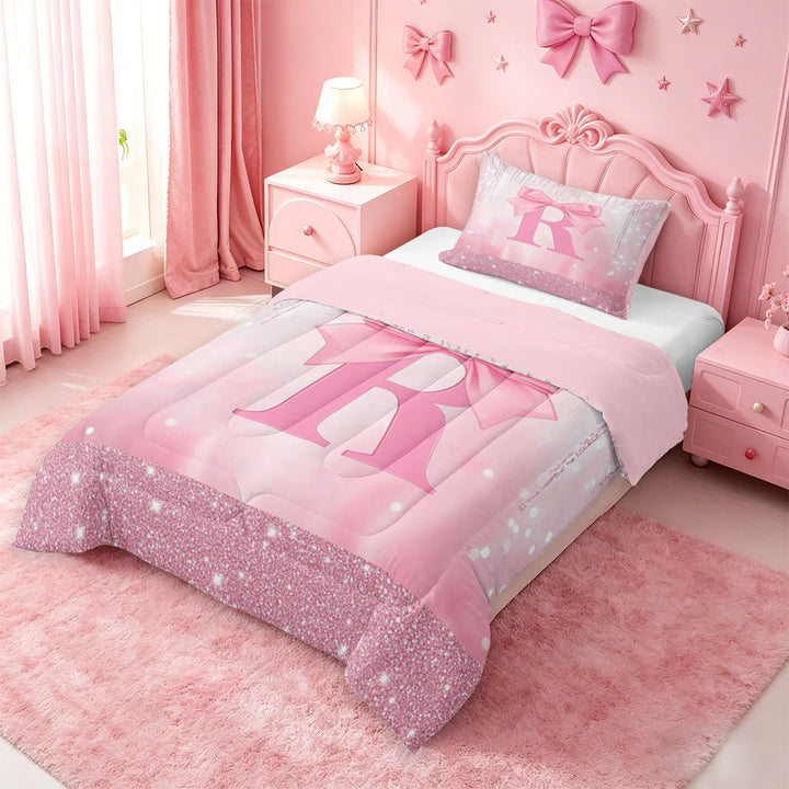 meiyoeat Pink Cute Bowknot Full Size Comforter Sets For Girls,Chic Sparkling Print Monogrammed R Bedding Comforter Set For Kids,Pink Reversible,3pcs