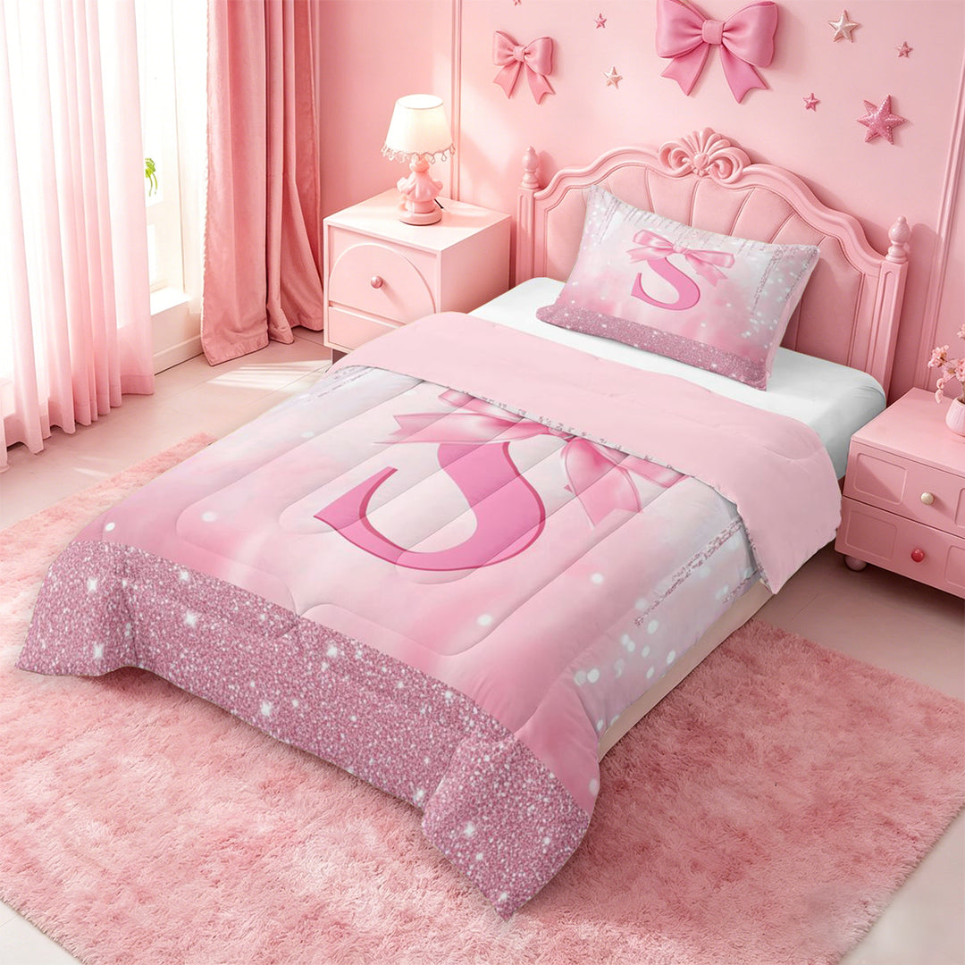 meiyoeat Girly Coquette Bow Full Size Comforter Sets For Kids,Pink Sequin Alphabet Print S Bedding Comforter Set For Bowtie Lovers,Pink Reversible,3-Piece