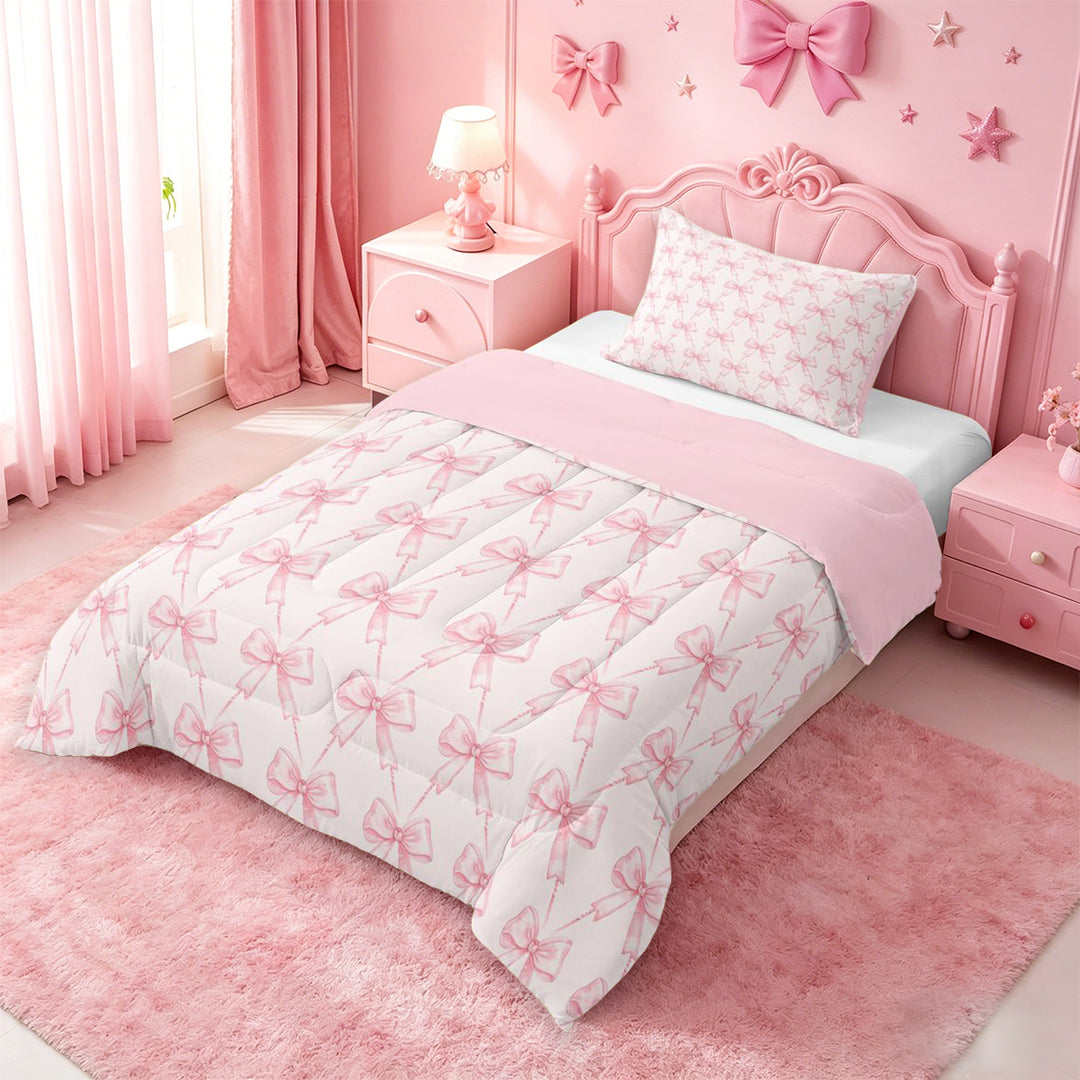meiyoeat Pink Coquette Bows Full Size Comforter Sets For Girls,Dreamy Princess Bowknot Bedding Comforter Set For Kids,Pink Reversible,3-Piece