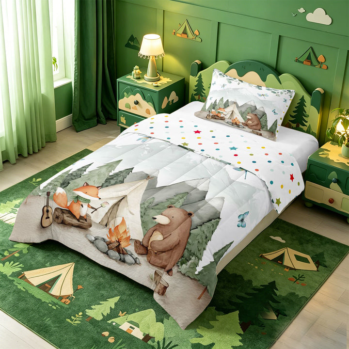 meiyoeat Watercolor Camping Full Size Comforter Sets For Boys,Fox Tent Print Bedding Comforter Set,Polkadot Reversible,3-Piece,1 Comforter and 2 Pillowcases