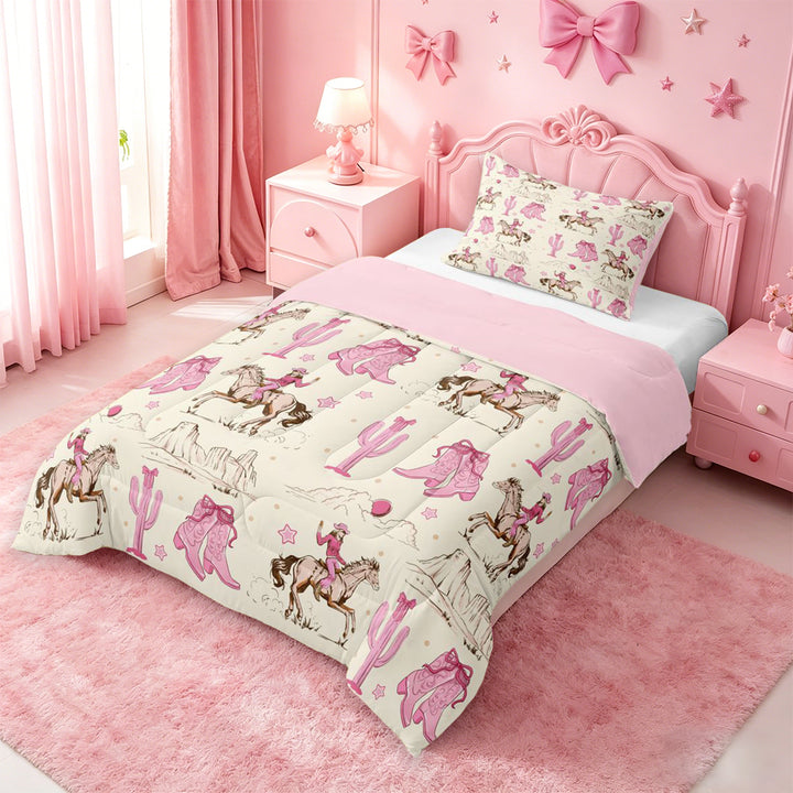 meiyoeat Retro Western Cowgirl Full Size Comforter Sets For Kids, Pink Vintage Cowboy Boots Bedding Comforter Set For Girls,Pink Reversible,3-Piece