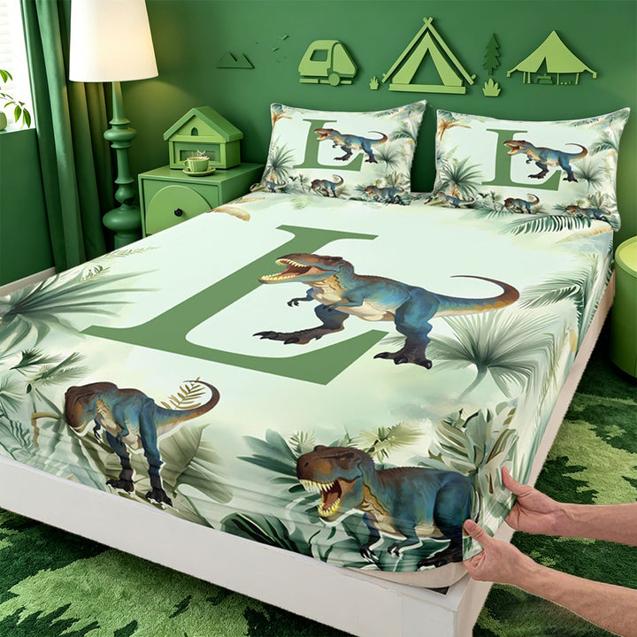 meiyoeat dinosaur Monogrammed L Bed Sheets,Hreen Tropical Botanical Full Size Sheets,4 Pieces,1 Flat Sheet,1 Fitted Sheet and 2 Pillowcases