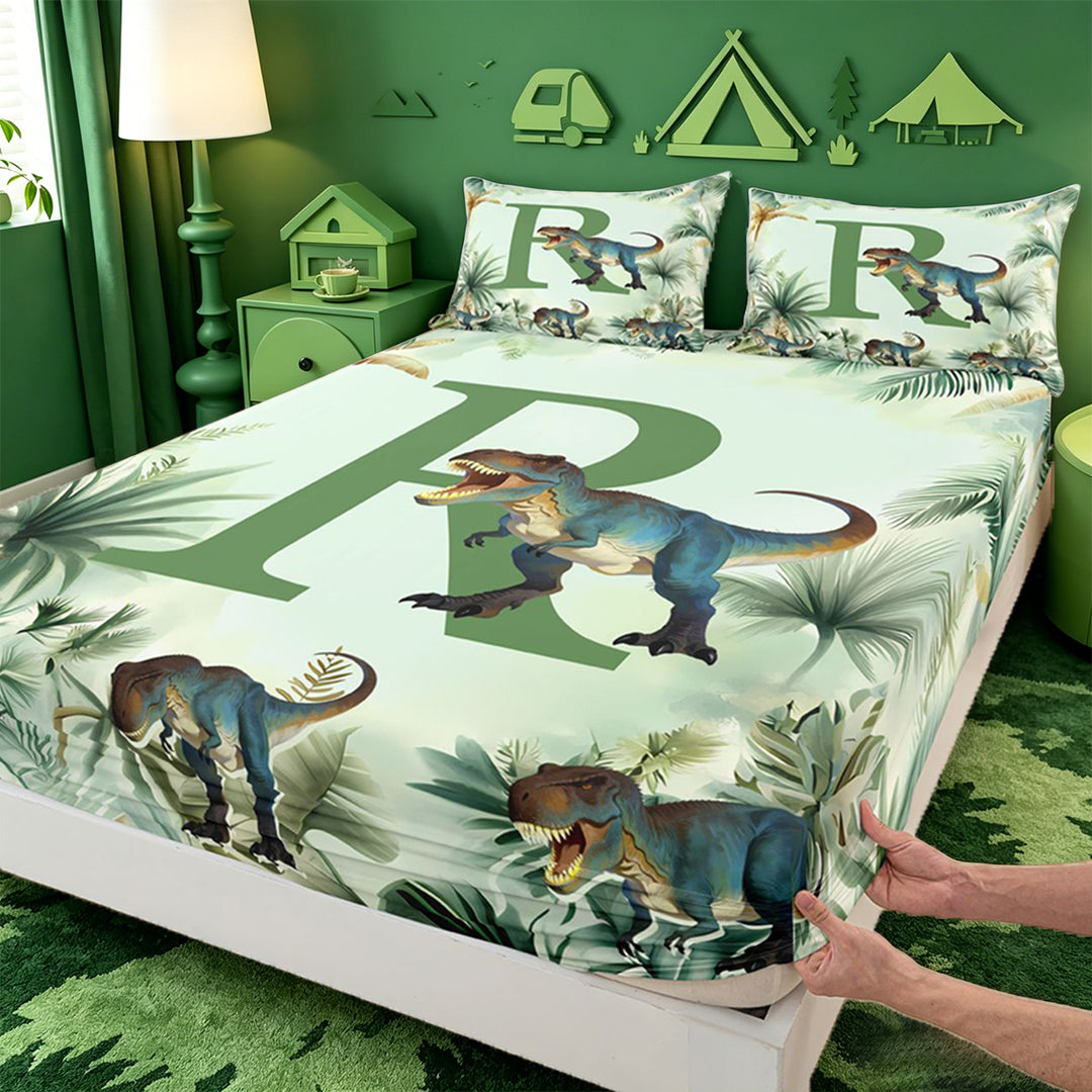 meiyoeat wild Dinosaur Monogram R Bed Sheets,Jungle Dino Print Full Size Sheets,4 Pieces,1 Flat Sheet,1 Fitted Sheet and 2 Pillowcases