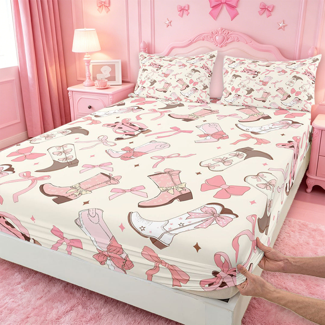 meiyoeat meiyoeat Sweet Cowgirl Boot Bed Sheets For Girls, Pastel Bow Pattern Full Size Sheets For Kids,4 Pieces