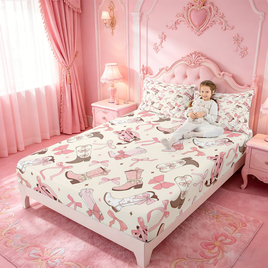 meiyoeat meiyoeat Sweet Cowgirl Boot Bed Sheets For Girls, Pastel Bow Pattern Full Size Sheets For Kids,4 Pieces