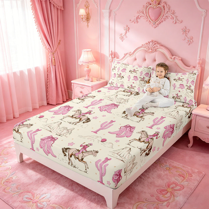 meiyoeat Retro Western Cowgirl Bed Sheets For Kids, Pink Vintage Cowboy Boots Full Size Sheets For Girls,4-Piece