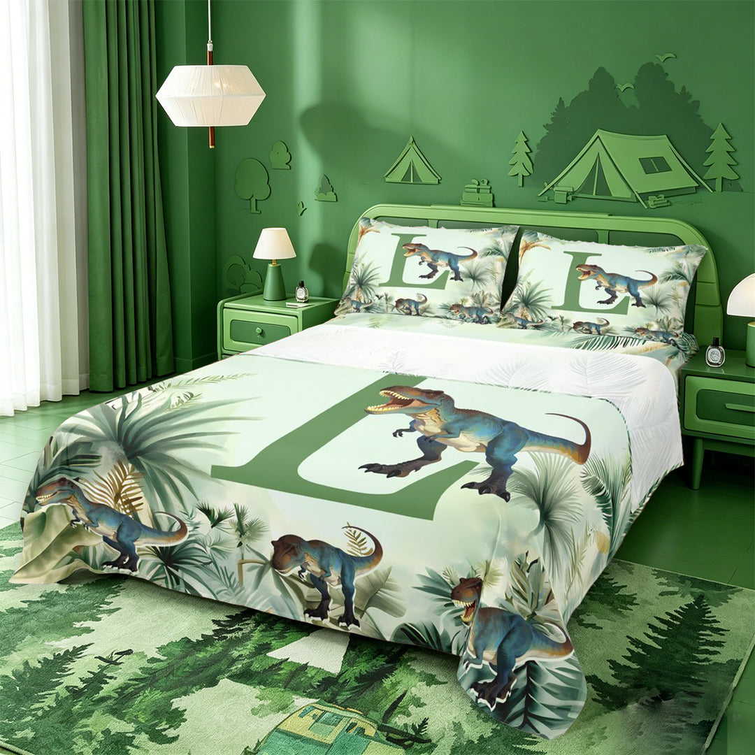 meiyoeat dinosaur Monogrammed L Bed Sheets,Hreen Tropical Botanical Full Size Sheets,4 Pieces,1 Flat Sheet,1 Fitted Sheet and 2 Pillowcases