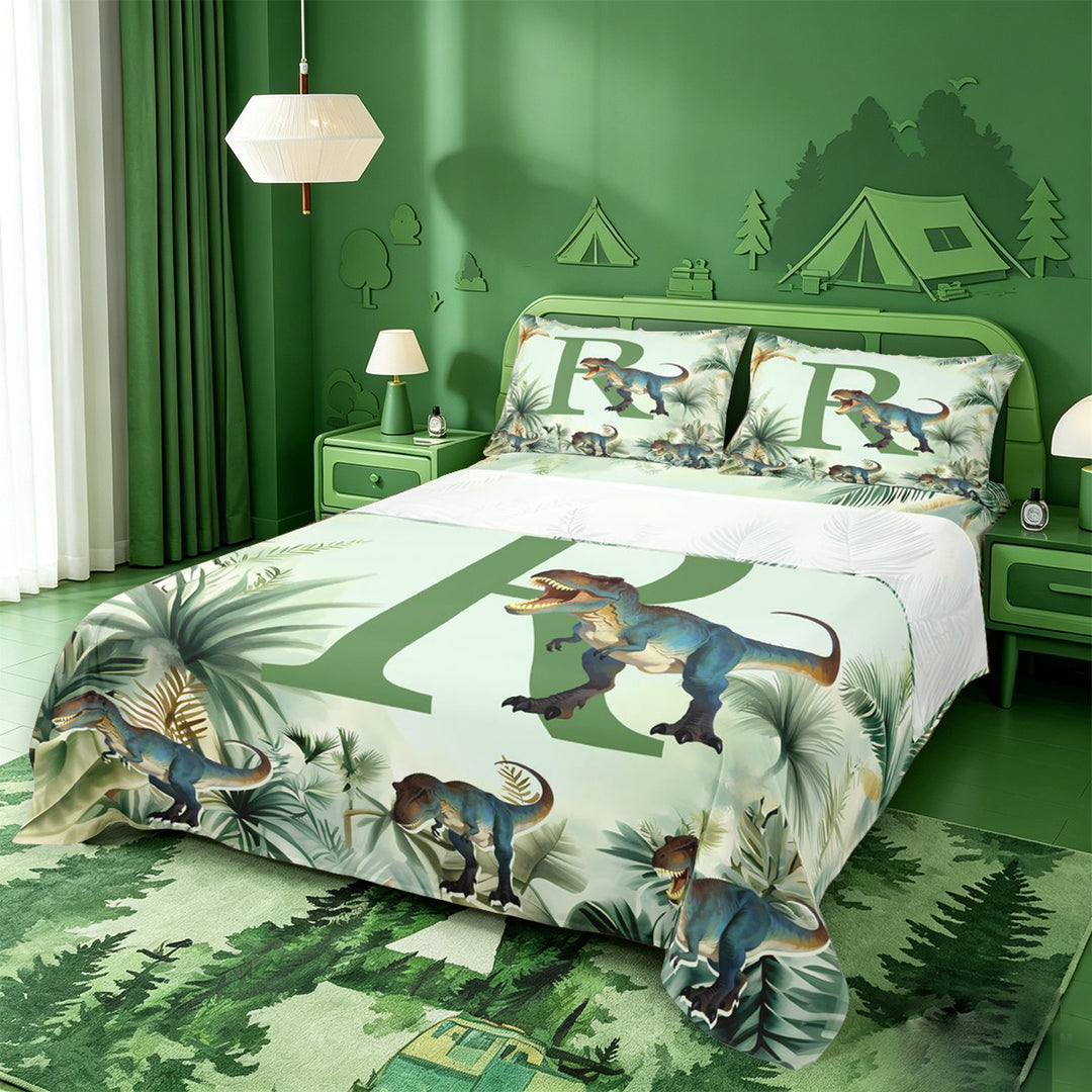meiyoeat wild Dinosaur Monogram R Bed Sheets,Jungle Dino Print Full Size Sheets,4 Pieces,1 Flat Sheet,1 Fitted Sheet and 2 Pillowcases
