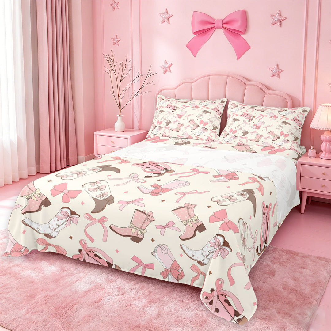 meiyoeat meiyoeat Sweet Cowgirl Boot Bed Sheets For Girls, Pastel Bow Pattern Full Size Sheets For Kids,4 Pieces