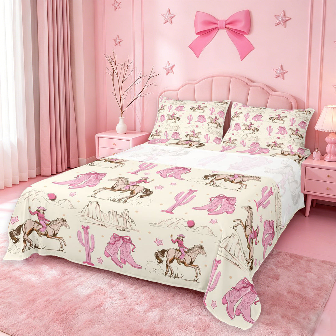 meiyoeat Retro Western Cowgirl Bed Sheets For Kids, Pink Vintage Cowboy Boots Full Size Sheets For Girls,4-Piece