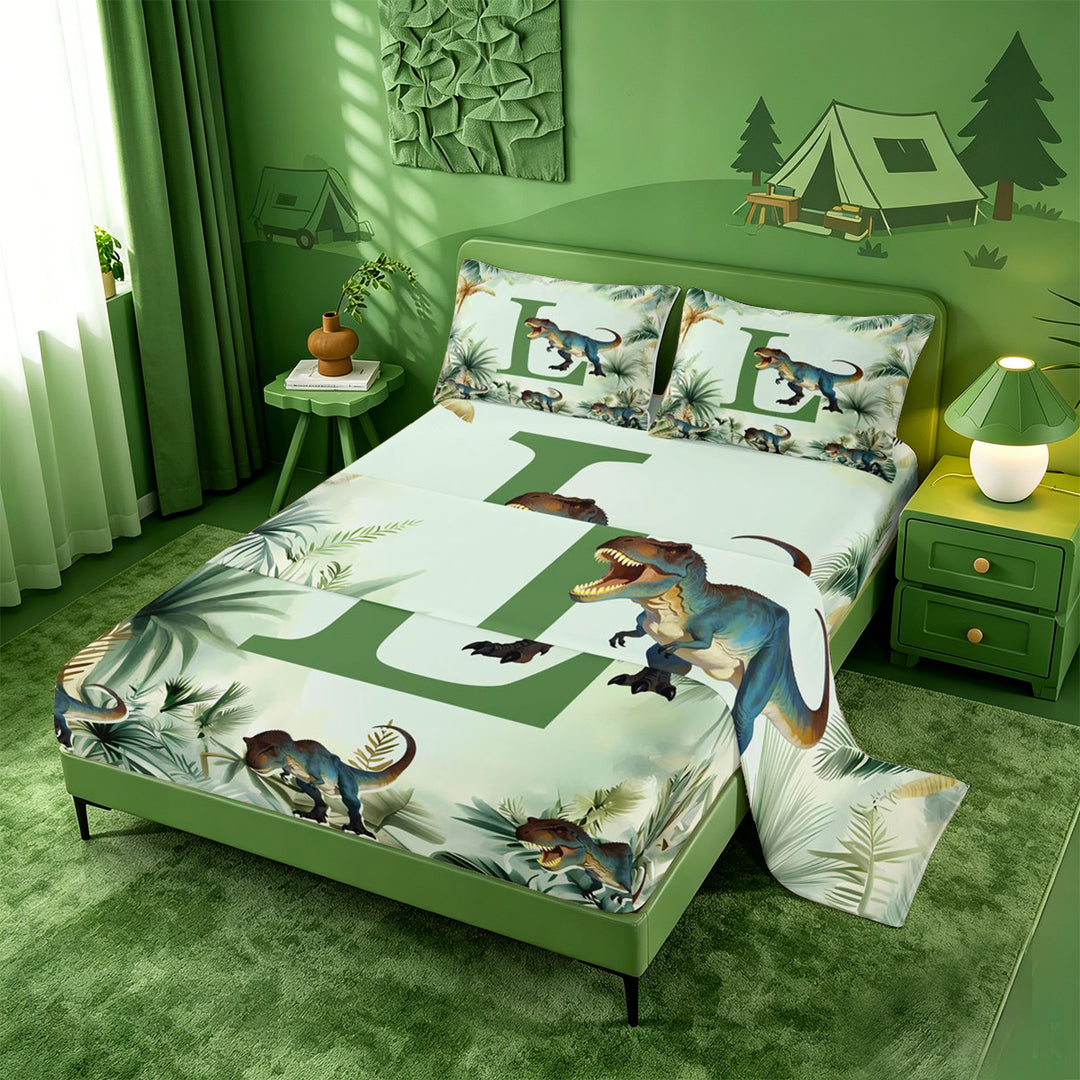 meiyoeat dinosaur Monogrammed L Bed Sheets,Hreen Tropical Botanical Full Size Sheets,4 Pieces,1 Flat Sheet,1 Fitted Sheet and 2 Pillowcases
