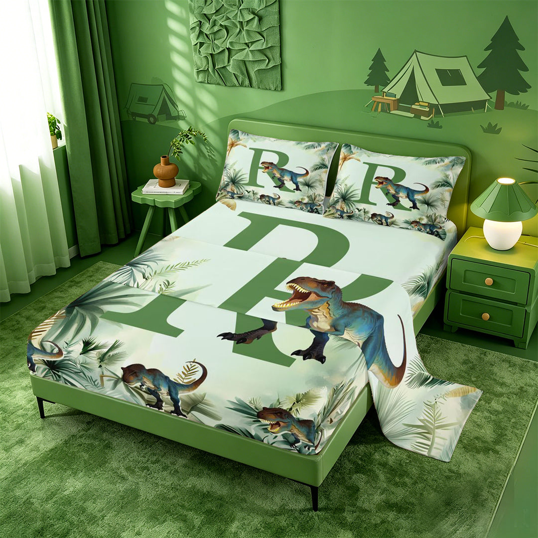 meiyoeat wild Dinosaur Monogram R Bed Sheets,Jungle Dino Print Full Size Sheets,4 Pieces,1 Flat Sheet,1 Fitted Sheet and 2 Pillowcases