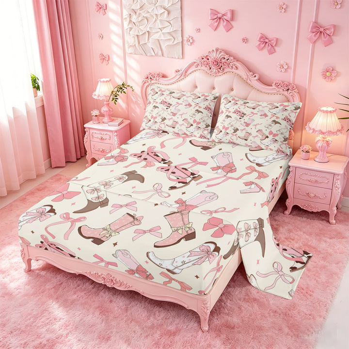 meiyoeat meiyoeat Sweet Cowgirl Boot Bed Sheets For Girls, Pastel Bow Pattern Full Size Sheets For Kids,4 Pieces