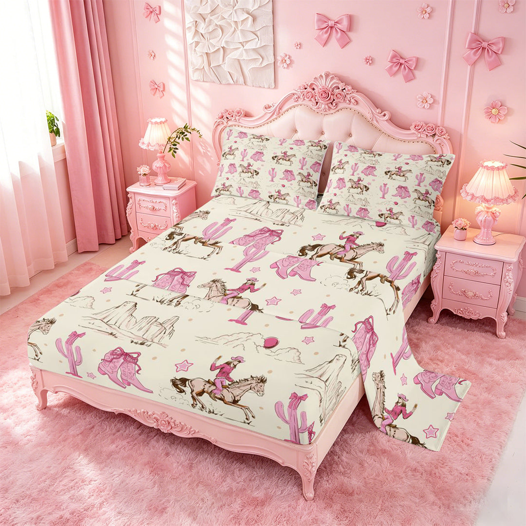 meiyoeat Retro Western Cowgirl Bed Sheets For Kids, Pink Vintage Cowboy Boots Full Size Sheets For Girls,4-Piece