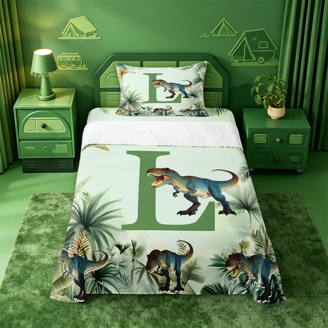 meiyoeat dinosaur Monogrammed L Bed Sheets,Hreen Tropical Botanical Full Size Sheets,4 Pieces,1 Flat Sheet,1 Fitted Sheet and 2 Pillowcases
