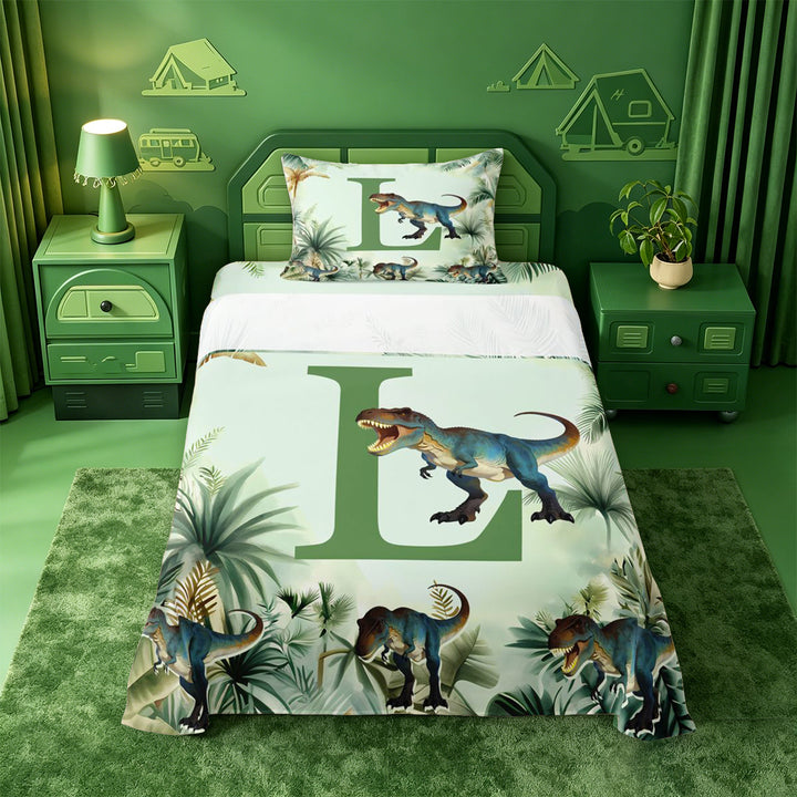 meiyoeat dinosaur Monogrammed L Bed Sheets,Hreen Tropical Botanical Full Size Sheets,4 Pieces,1 Flat Sheet,1 Fitted Sheet and 2 Pillowcases