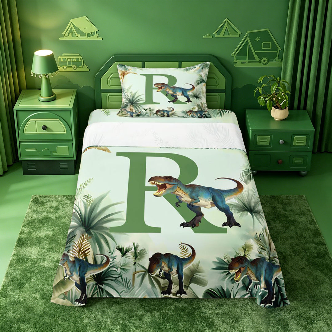 meiyoeat wild Dinosaur Monogram R Bed Sheets,Jungle Dino Print Full Size Sheets,4 Pieces,1 Flat Sheet,1 Fitted Sheet and 2 Pillowcases