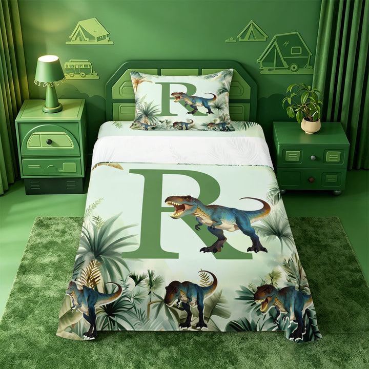 meiyoeat wild Dinosaur Monogram R Bed Sheets,Jungle Dino Print Full Size Sheets,4 Pieces,1 Flat Sheet,1 Fitted Sheet and 2 Pillowcases
