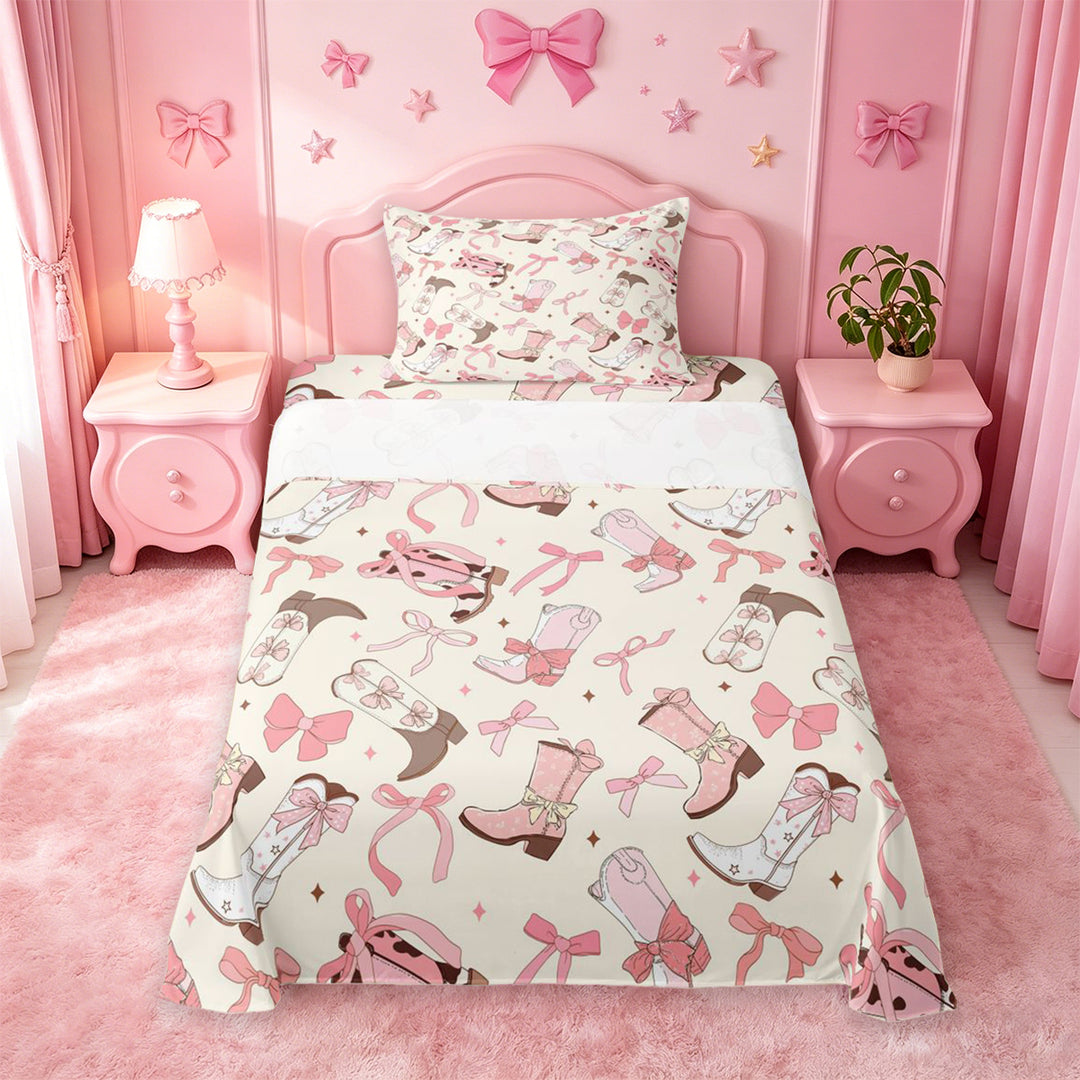 meiyoeat meiyoeat Sweet Cowgirl Boot Bed Sheets For Girls, Pastel Bow Pattern Full Size Sheets For Kids,4 Pieces