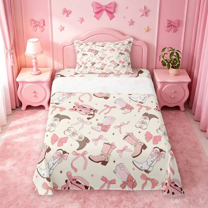 meiyoeat meiyoeat Sweet Cowgirl Boot Bed Sheets For Girls, Pastel Bow Pattern Full Size Sheets For Kids,4 Pieces