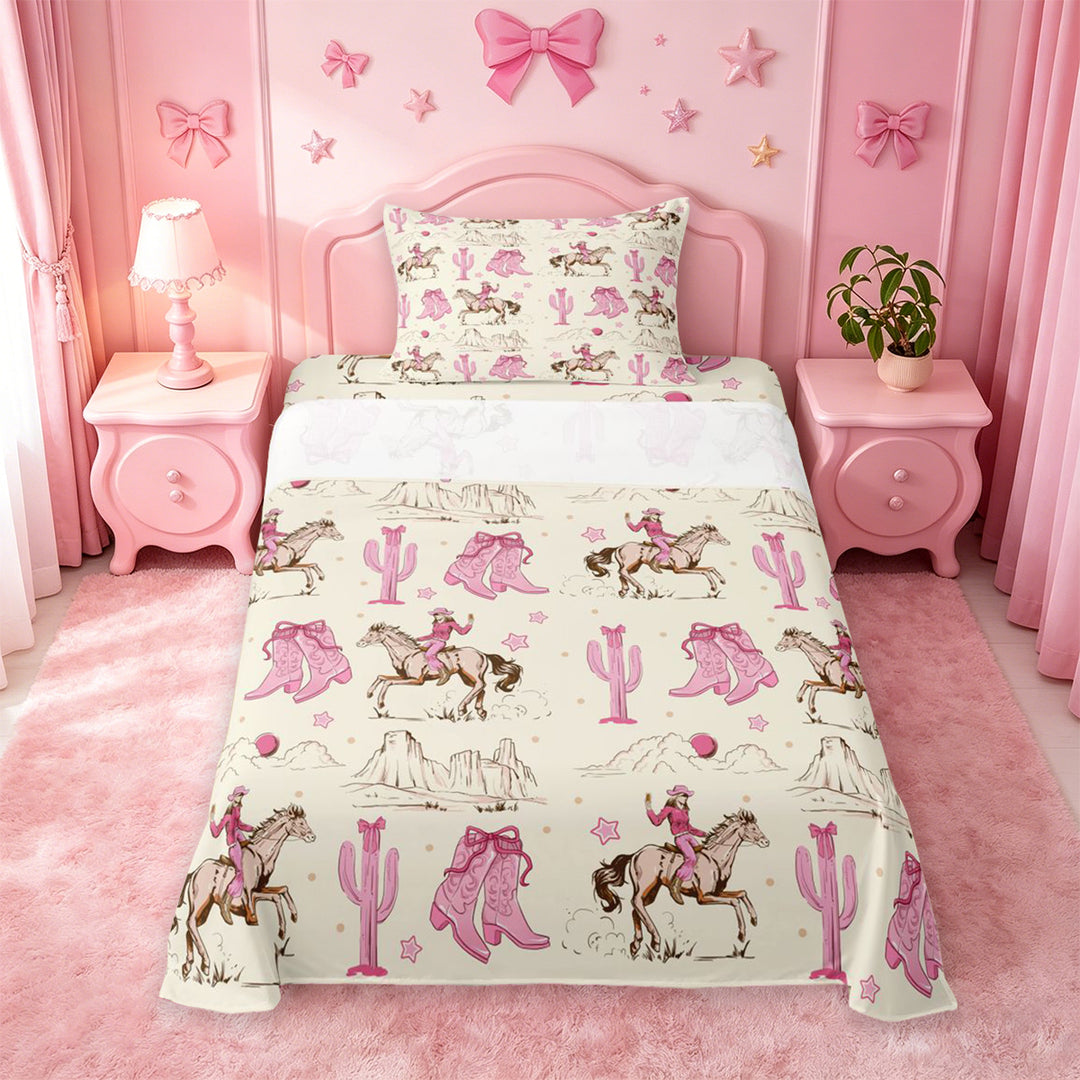 meiyoeat Retro Western Cowgirl Bed Sheets For Kids, Pink Vintage Cowboy Boots Full Size Sheets For Girls,4-Piece