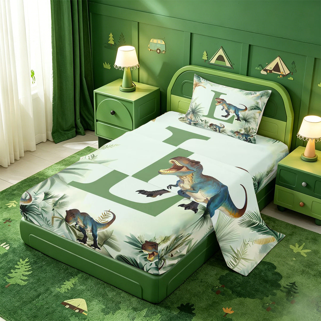 meiyoeat dinosaur Monogrammed L Bed Sheets,Hreen Tropical Botanical Full Size Sheets,4 Pieces,1 Flat Sheet,1 Fitted Sheet and 2 Pillowcases
