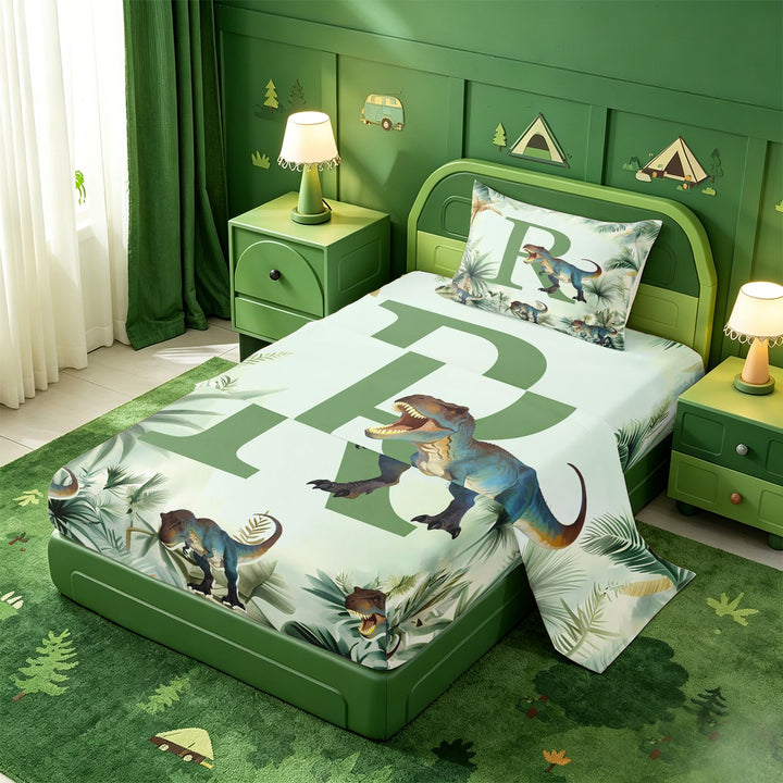 meiyoeat wild Dinosaur Monogram R Bed Sheets,Jungle Dino Print Full Size Sheets,4 Pieces,1 Flat Sheet,1 Fitted Sheet and 2 Pillowcases