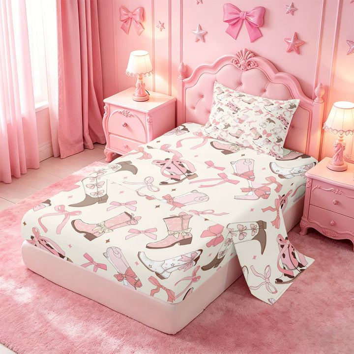 meiyoeat meiyoeat Sweet Cowgirl Boot Bed Sheets For Girls, Pastel Bow Pattern Full Size Sheets For Kids,4 Pieces