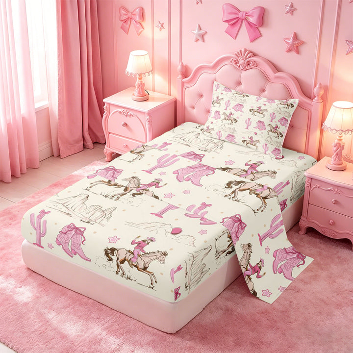 meiyoeat Retro Western Cowgirl Bed Sheets For Kids, Pink Vintage Cowboy Boots Full Size Sheets For Girls,4-Piece