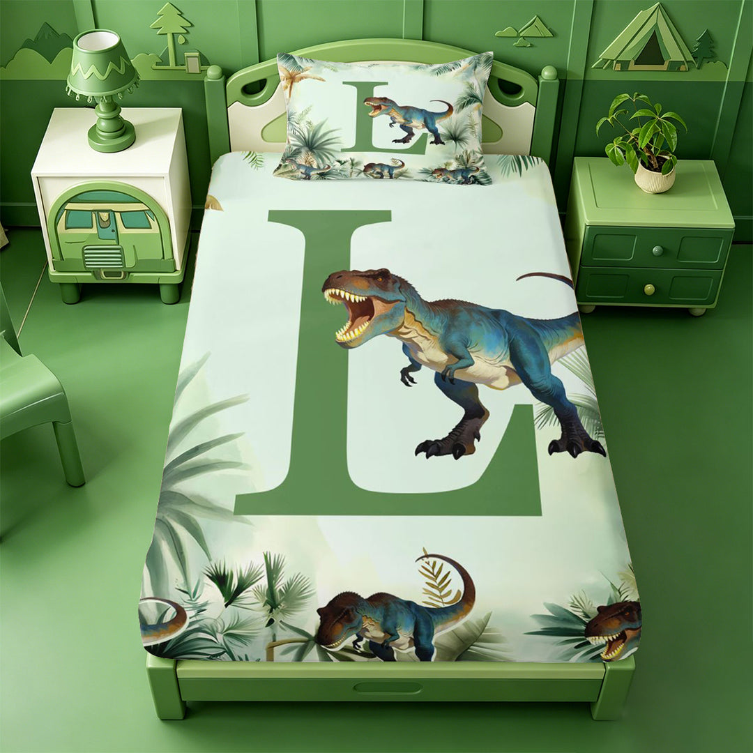 meiyoeat dinosaur Monogrammed L Bed Sheets,Hreen Tropical Botanical Full Size Sheets,4 Pieces,1 Flat Sheet,1 Fitted Sheet and 2 Pillowcases