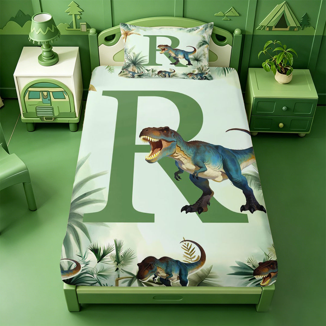 meiyoeat wild Dinosaur Monogram R Bed Sheets,Jungle Dino Print Full Size Sheets,4 Pieces,1 Flat Sheet,1 Fitted Sheet and 2 Pillowcases