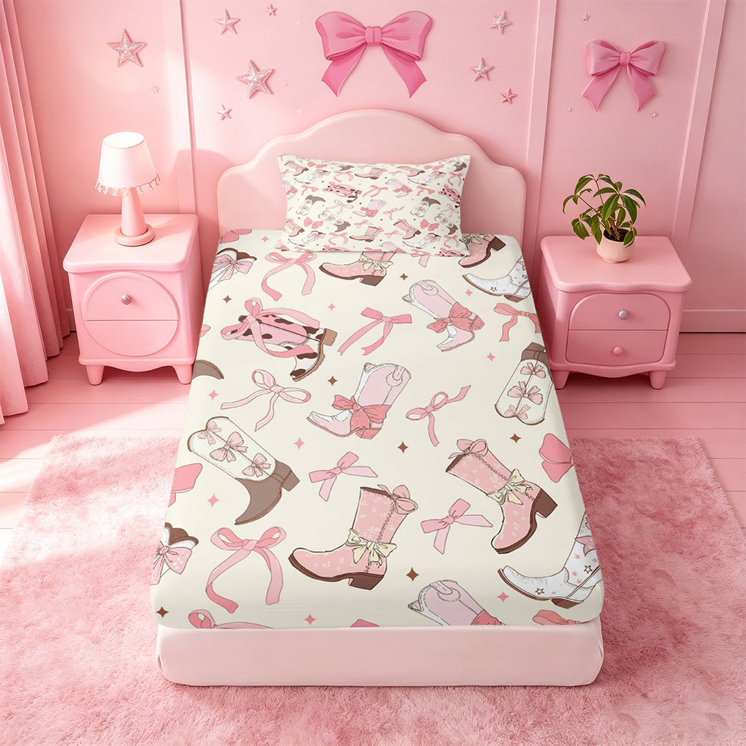meiyoeat meiyoeat Sweet Cowgirl Boot Bed Sheets For Girls, Pastel Bow Pattern Full Size Sheets For Kids,4 Pieces