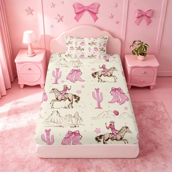 meiyoeat Retro Western Cowgirl Bed Sheets For Kids, Pink Vintage Cowboy Boots Full Size Sheets For Girls,4-Piece