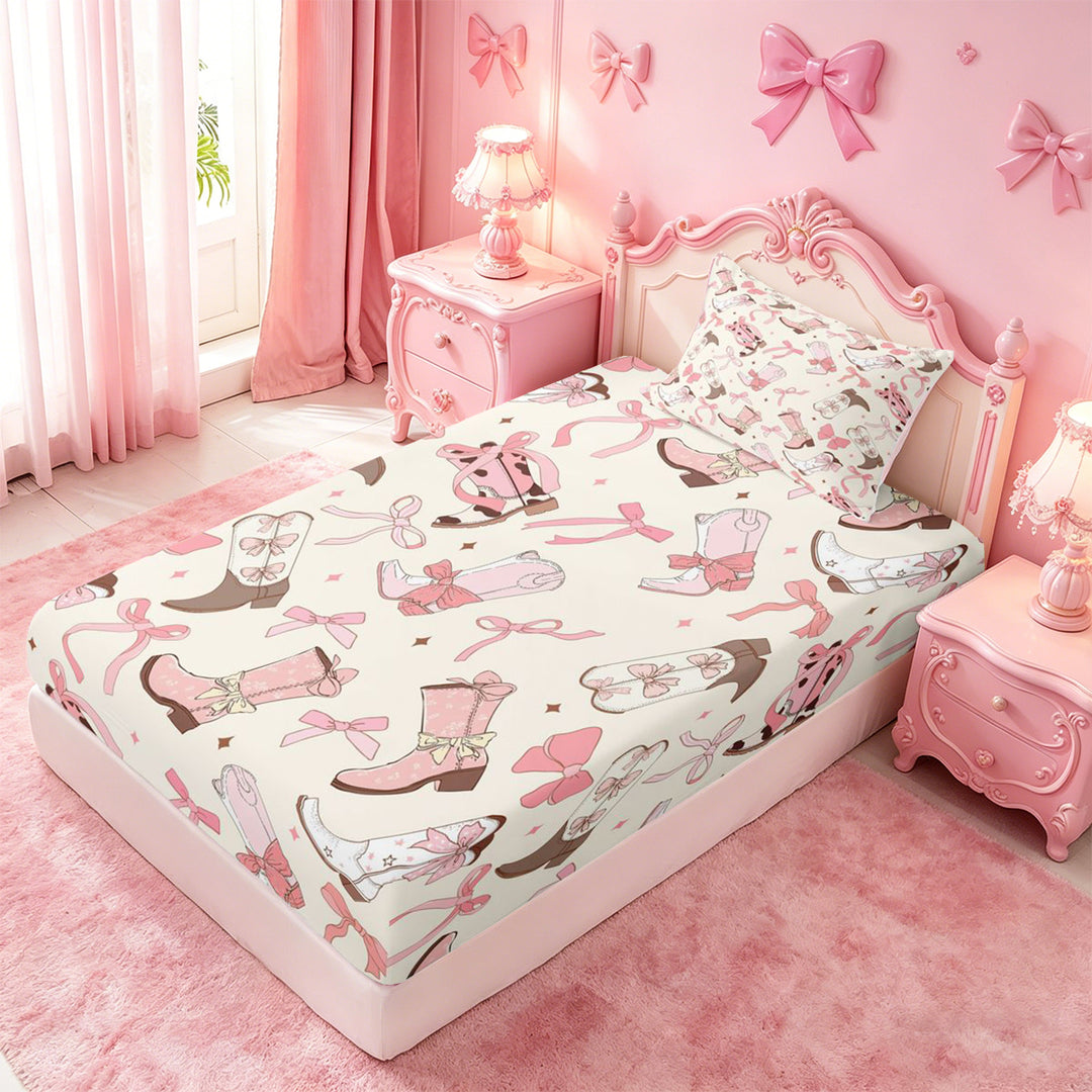 meiyoeat meiyoeat Sweet Cowgirl Boot Bed Sheets For Girls, Pastel Bow Pattern Full Size Sheets For Kids,4 Pieces