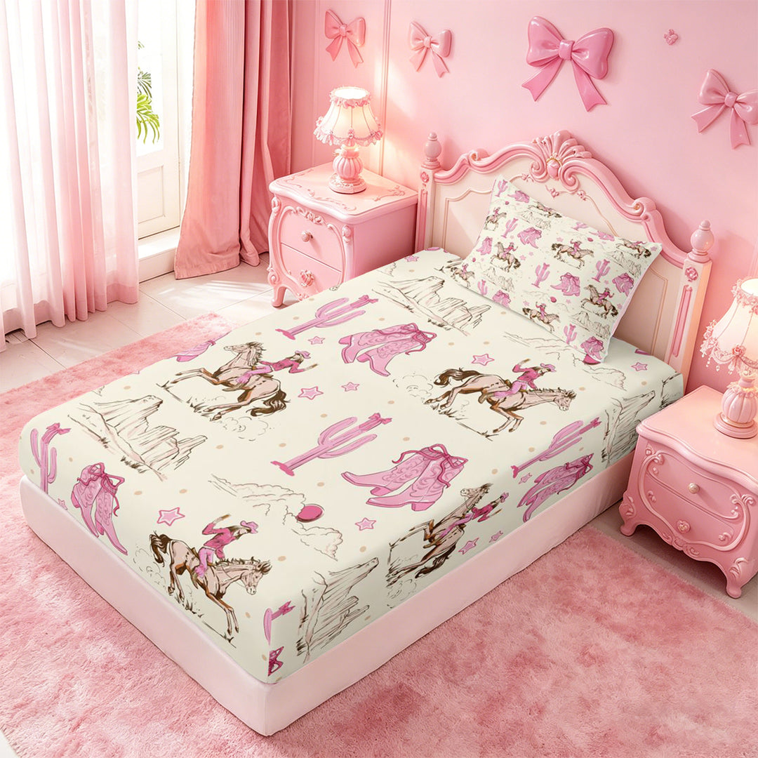 meiyoeat Retro Western Cowgirl Bed Sheets For Kids, Pink Vintage Cowboy Boots Full Size Sheets For Girls,4-Piece