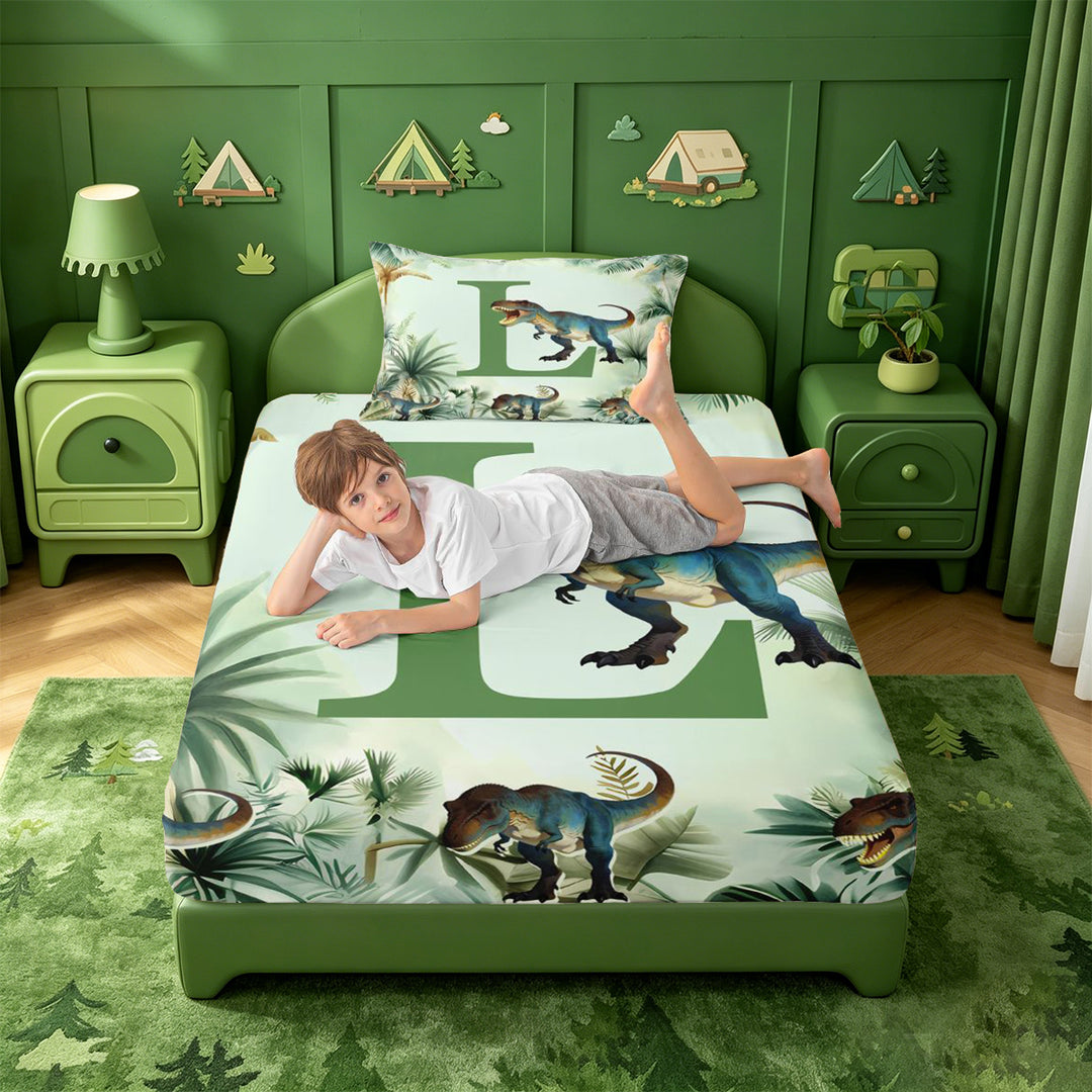 meiyoeat dinosaur Monogrammed L Bed Sheets,Hreen Tropical Botanical Full Size Sheets,4 Pieces,1 Flat Sheet,1 Fitted Sheet and 2 Pillowcases