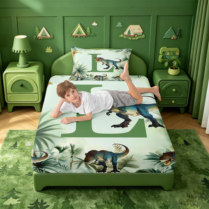 meiyoeat dinosaur Monogrammed L Bed Sheets,Hreen Tropical Botanical Full Size Sheets,4 Pieces,1 Flat Sheet,1 Fitted Sheet and 2 Pillowcases