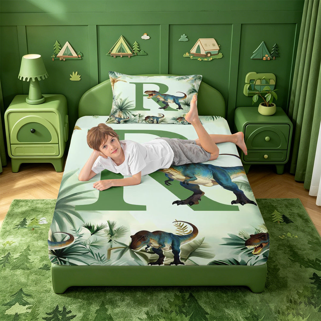 meiyoeat wild Dinosaur Monogram R Bed Sheets,Jungle Dino Print Full Size Sheets,4 Pieces,1 Flat Sheet,1 Fitted Sheet and 2 Pillowcases