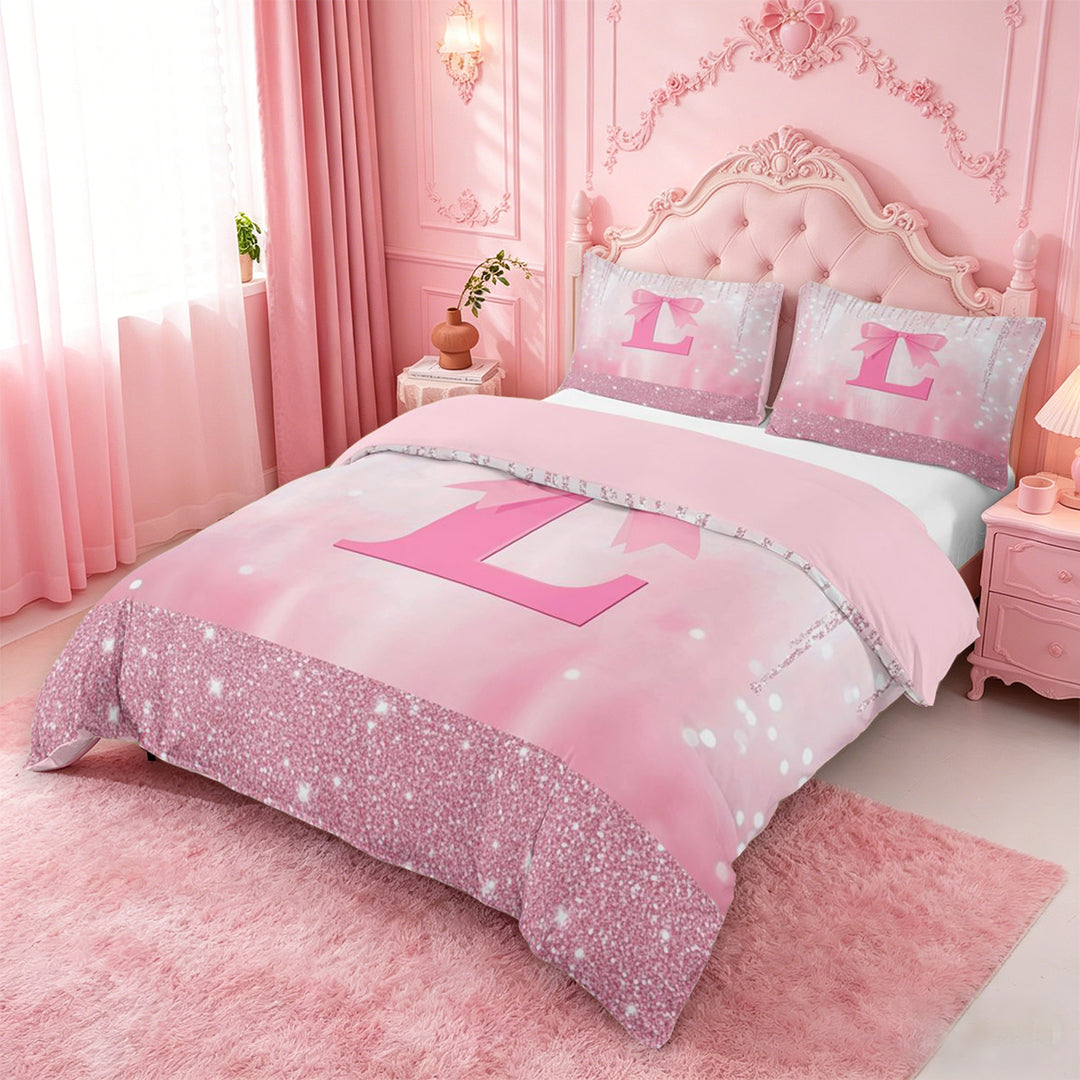 meiyoeat Girls Personalized Monogrammed Gifts Bedding For Bow Lovers,Pink Bowtie Letter L Duvet Cover Full For Kids,Pink Reversible,3pcs(No Comforter)
